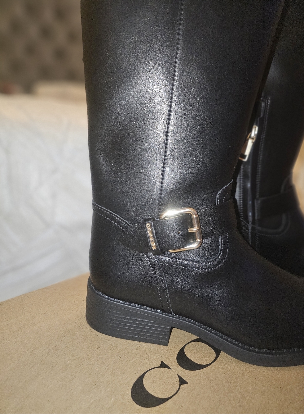 Coach Black Leather Riding Boots With Gold Buckle Accent - Picture 3 of 5